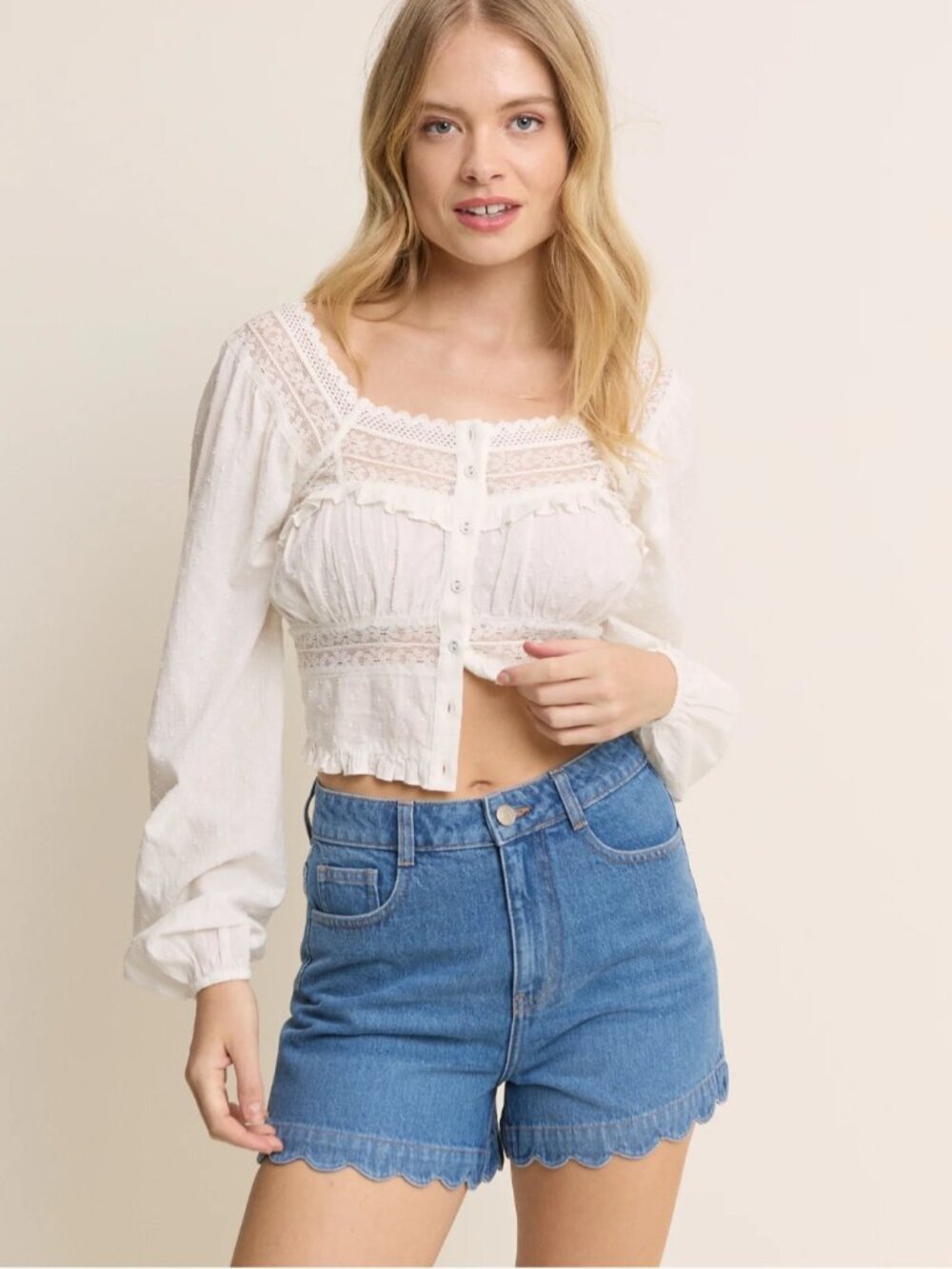 Nobody's Child Mid Wash Denim Scallop Short